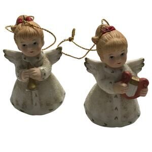 Homeco Ornaments Vintage Angels Christmas Set of 2 Shimmer Sweet Faces Ceramic